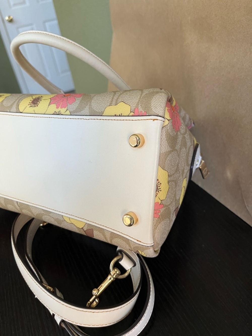 Coach Darcie Large Floral Signature Satchel in Beige, White, Yellow and Pink - Picture 6 of 11